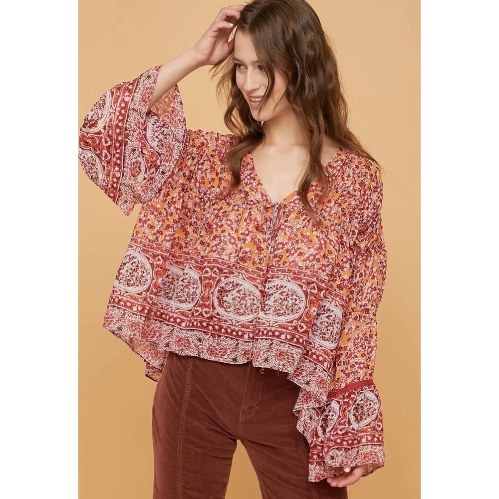 Free People Boho Floral Kimono Jacket Duster Tiered Ruffle Wide Sleeve Mustard S